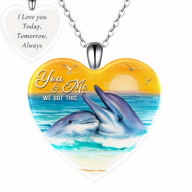 Dolphin Love Heart Crystal Pendant Necklace for Christmas Party Gift